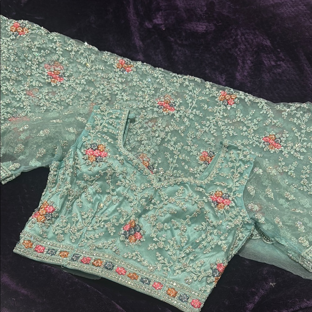 Heavy Stone-Work & Embroidered Floral Net Saree & Blouse Transparent Sleeves